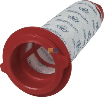 A vacuum cleaner filter with a red plastic ring attached to a white cylindrical filter element.