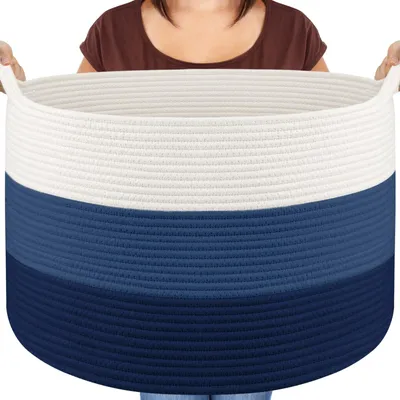 Productafbeelding van Opbergmand voor de woonkamer, wasmand van katoenen touw, speelgoedmand met handgrepen, mand voor knuffels, wasgoed, dekens, kussens, kleding, 50 x 33 cm, wit-blauw