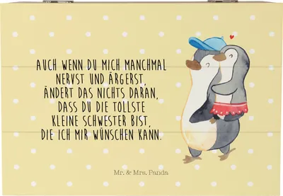 Produktbild von Mr. & Mrs. Panda Holztruhe Pinguin Kleine Schwester 22 x 15 cm - Gelb Pastell - Geschenk, Kiste, Schatulle, Sis, Schwesterherz, Sister, aufbewahrungskiste mit deckel, Box