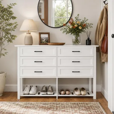 Produktbild von Flurschrank 140x90x40cm Weiß mit 6 Schubladen & Schuhregal, Kommode mit schwarzen Griffen, multifunktional für Eingangsbereich & Schlafzimmer