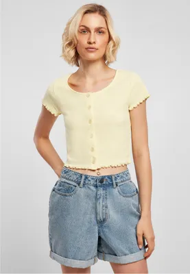 Produktbild von Urban Classics - Damen Cropped Button Up Rib T-Shirt SOFTYELLOW XXL