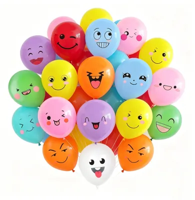 Immagine prodotto di Set di 100 palloncini in lattice con motivi a faccine sorridenti, ideali per feste