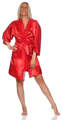 Produktbild von Damen Morgenmantel kurzer Kimono Satin mit Spitze; Rot/S