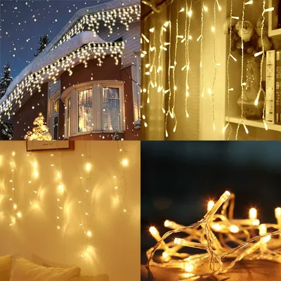A collage of four images showing different applications of string lights, including outdoor house decoration, indoor window decoration, and a close-up of the lights.