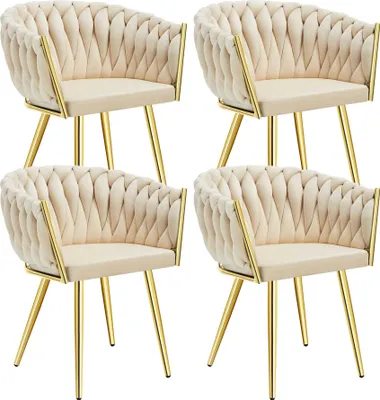 Four beige upholstered chairs with gold legs arranged in a 2x2 grid against a white background.