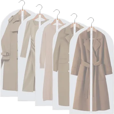 Produktbild von 5 Stück Kleidersäcke - 60 x 140 cm - Mottenfeste Kleidersäcke - Schutzhülle - mit Reißverschluss - Für Mäntel, Jacken, Anzüge - Transparent