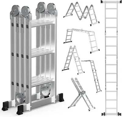 Imagen del producto de Escalera multiusos de aluminio, 4x3 peldaños, 356 cm, 7 en 1, capacidad máxima de 150 kg