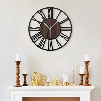 Productafbeelding van Ronde wandklok, zwart, 34 cm, geschikt voor woonkamerdecoratie, vintage-stijl met Romeinse cijfers, geruisloos, zonder tikgeluid, hangklokken voor huis, tuin, kantoor, cafédecoratie