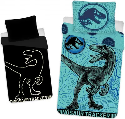 Produktbild von Jurassic World Kinderbettwäsche Leuchtmotiv Velociraptor Dinosaurier Urzeitmonster Bettwäsche 140 x 200 cm + Kopfkissen 70 x 90 cm 100% Baumwolle