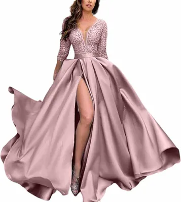 Produktbild von Elegantes langes Abendkleid mit V-Ausschnitt, langen Ärmeln, Empire-Taille, hohem Beinschlitz und schwingendem Rock, ideal für Partys, Abschlussbälle, Hochzeiten und Cocktailpartys (XL)