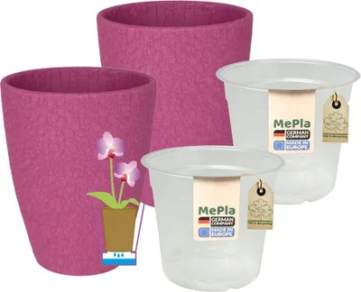 Produktbild von MePla - 2 Stück - Orchideenübertopf 500 lizzard ø 14 Pflaume + Pflanztopf Orchidee ø 12