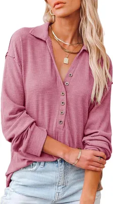 Produktbild von ASKSA Damen Baumwolle Blusen V-Ausschnitt Tops Langarm Einfarbig Knopf Tunika Shirts Oberteile, Rosa, S