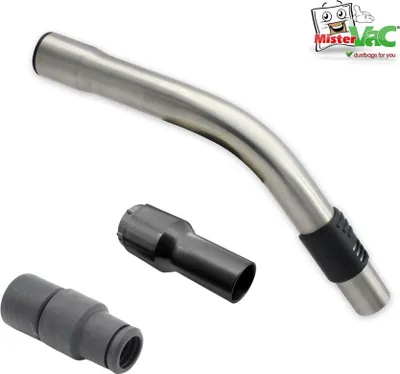 A set of vacuum cleaner attachments, including a curved metal tube and two plastic adapters, displayed on a white background.