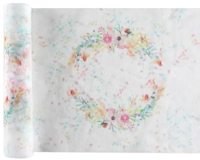 Produktbild von Tischläufer weiß pastell mit Blumen 3 m x 26 cm