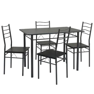 A black dining table with four black chairs against a white background.