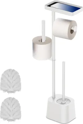 Produktbild von Relaxdays WC Garnitur, HBT: 65,5 x 29 x 11,5 cm, stehend, Klopapierhalter, Klobürste, Ersatzrollenhalter, Ablage, weiß