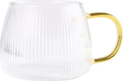 Produktbild von Gestreifter Glasbecher mit goldenem Henkel 450 ml transparent für Kaffee-Tee-Getränke