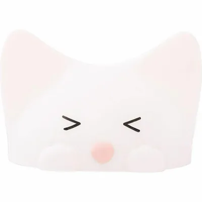 A white cat-shaped night light with a pink nose and closed eyes.