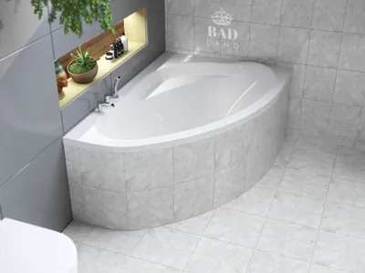 Zdjęcie produktu dla Wanna Akrylowa Zestaw 3w1 Asymetryczna 160x100 Prawa Biała, Nowoczesny Chrom Premium Syfon i Nogi (stelaż) w komplecie | BADLAND MAREA