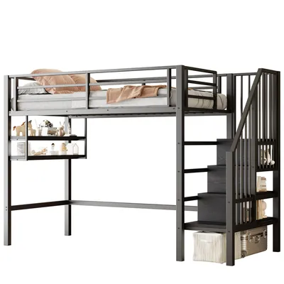 Produktbild von Hochbett mit Lattenrost, 90x200 cm, Kinderbett mit Rausfallschutz, Metallbett, Regal, Treppe