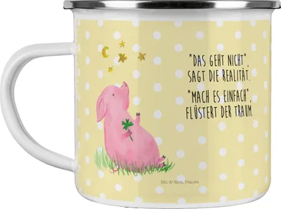 Produktbild von Mr. & Mrs. Panda Emaille Tasse Schwein Glück - Gelb Pastell - Geschenk, Ziele, Teetasse, Sterne, Träume, Motivation, Pott, Motivtasse, Glücksbringer, Lustige Sprüche