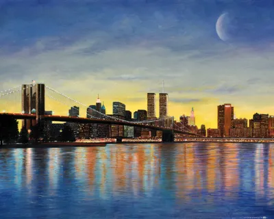 Zdjęcie produktu dla New York Art Print Picture - Brooklyn Bridge At Dawn With Skyline (40 x 50 cm)