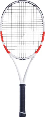 A white tennis racket with red accents and a black grip is shown against a white background.