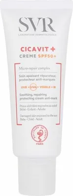 A white tube of SVR Cicavit+ Creme SPF50+ is shown against a white background.