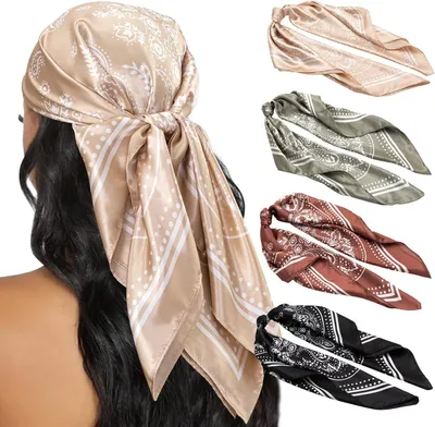 Produktbild von 4-teiliges Kopftuch für Damen, 89 cm, seidenartige Satin-Halstücher, quadratisches Bandana, Haarwickel, Schal zum Schlafen