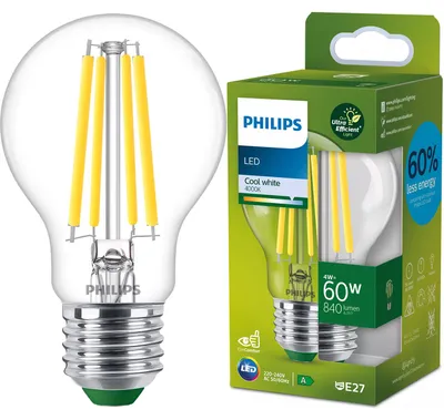 Zdjęcie produktu dla Philips Żarówka żarnikowa przezroczysta 60 W A60 E27, 4 W, 60 W, E27, 840 lm, 50000 h, Zimne białe