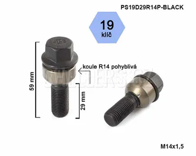 Obrázok produktu pre Skrutka kolesa M14x1,5x29 guľová skrutka R14 pohyblivá, čierna, kľúč 19, výška 59