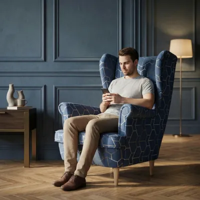 Produktbild von Ohrensessel ARI Design – skandinavischer Sessel mit Muster, Velours Blau Pastell, Family Meble