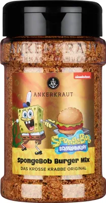 A spice mix jar with Spongebob characters on the label.