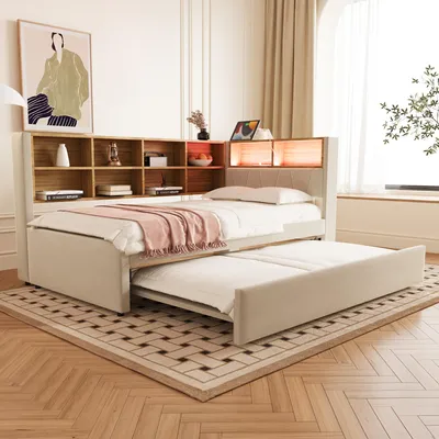 Obrázek produktu pro Rozkládací pohovka 90 x 200 cm s přistýlkou 90 x 190 cm, LED osvětlením, USB-C portem, zásuvkou a úložným prostorem, multifunkční postel, barva béžová, flanelová tkanina