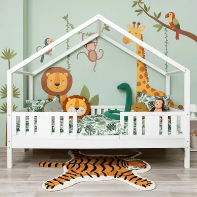 Produktbild von MEBLE WRÓBEL Kinderbett 80x190 cm – Bett mit Rausfallschutz & Lattenrost - Hausbett aus Kiefer Weiß - Kleinkindbett für Jungen & Mädchen - Standhöhe 20 cm