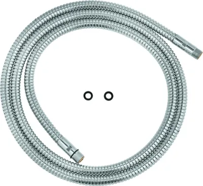 A silver flexible shower hose coiled on a white background, with two black O-rings placed in the center.