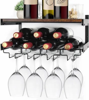 Produktbild von Industrielles Weinregal als Wandmontage mit Glasablage – Weinhalter – Wandregal – Schwebendes Weinregal mit Glasablage