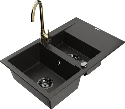 Produktbild von Mexen Gaspar 1,5-Becken-Granitspüle mit Abtropffläche und Mischbatterie Telma, Schwarz/Gold - 6507-75-670200-50-B