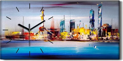Produktbild von Wanduhr Bürouhr Leinwand Bild 60x30 Malerei Abstrakte Stadt Gebäude See Kunst - schwarze Hände