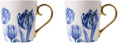 Obrázek produktu pro Sada dvou hrnků "Tulip" od Heinen Delfts Blauw – objem 300 ml – porcelán v delftském stylu – zlatá rukojeť