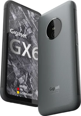 A Gigaset GX6 smartphone is shown from two angles, with the front displaying the screen and the back showing the camera module.