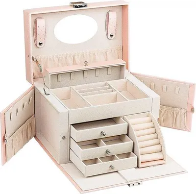 Productafbeelding van Sieradendoos, Sieradendoos, groot, afsluitbaar, 4 niveaus met 3 laden, met spiegel, voor ringen, oorbellen, kettingen en armbanden, elegant en klassiek (roze)