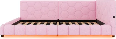 Produktbild von Flieks Polsterbett 140x200cm mit USB, Schlafsofa mit Lattenrost, Tagesbett Daybett Jugendbett mit LED, Gästebett Sofabett Doppelbett, Samt, Rosa