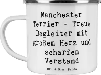 Produktbild von Mr. & Mrs. Panda Pott Spruch Manchester Terrier Begleiter - Weiß - Geschenk, Teetasse, Hunderasse, loyaler Hund, treuer, Hunderassen Beschreibung, Haferl, Emaille Tasse