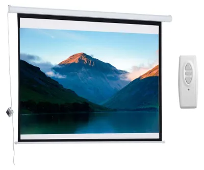 A white projector screen displaying a landscape image, with a white remote control to the right.