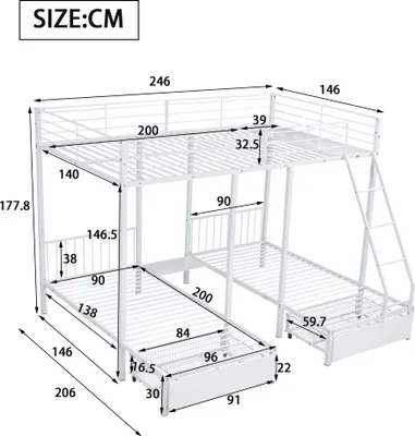 Obrázek produktu pro okwish třípatrová postel, kovový rám postele se zásuvkami, rozkládací na manželskou postel 140 x 200 a dvě samostatné postele 90 x 200, multifunkční postel s kovovým rámem, bílá barva
