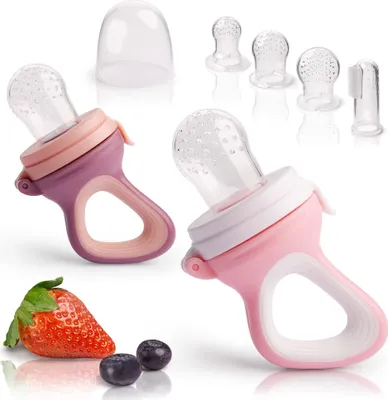 Produktbild von iFancy 2 smoczki do owoców dla niemowląt i małych dzieci + 6 wymiennych smoczków w 3 rozmiarach | Wykonane z higienicznego silikonu - bezpieczne i wolne od BPA | Różowy i fioletowy