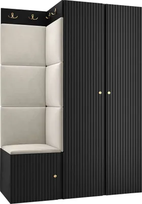 Produktbild von MIRJAN24 Garderoben-Set Orion Ryfel Slim XXIII, Kleiderschrank, Schuhschrank, Kleiderhakenbrett, 7x Paneel 42x42, 8 Kleiderhaken, Metallgriffe (Farbe: Schwarz, Manila 02)