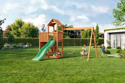 Produktbild von Fungoo FLOPPI Farbton Teak mit Rutsche, Doppelschaukel, Kletterwand, Teleskop, Lenkrad