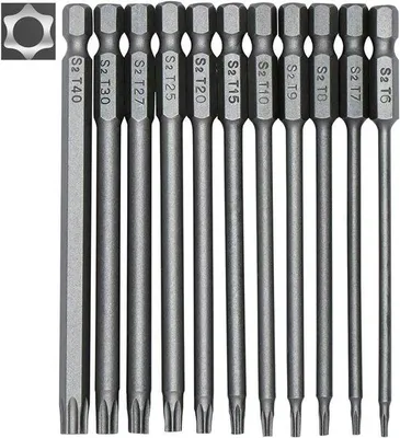 Obrázok produktu pre Sada skrutkovačov Torx – 11-dielna – oceľ S2 – 100 mm – s bezpečnostnou hlavou – 6 skrutiek z nehrdzavejúcej ocele – T6–T40